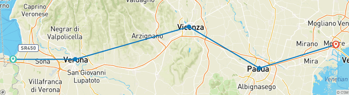 Image of a map showing the route of the tour