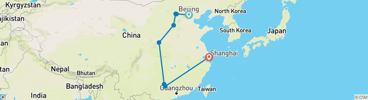 Image of a map showing the route of the tour