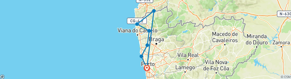 Image of a map showing the route of the tour