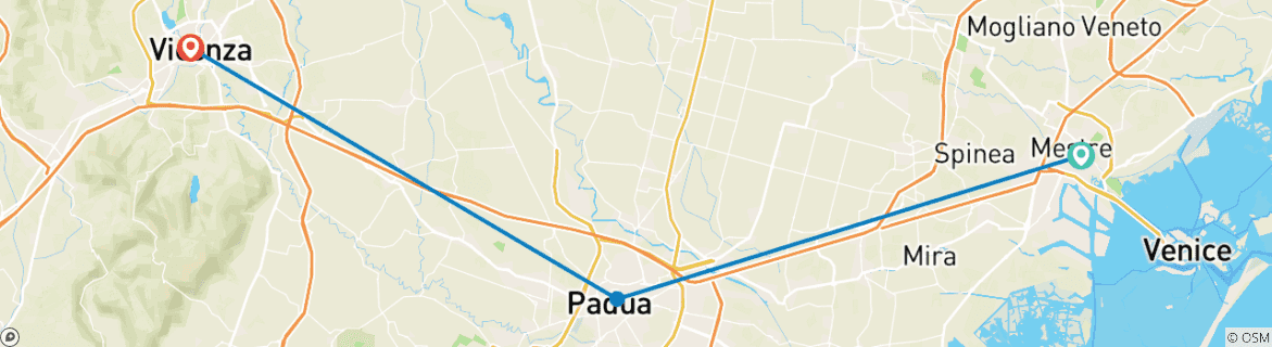 Image of a map showing the route of the tour