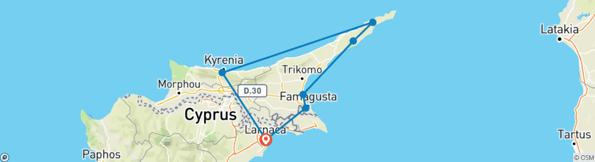 Image of a map showing the route of the tour