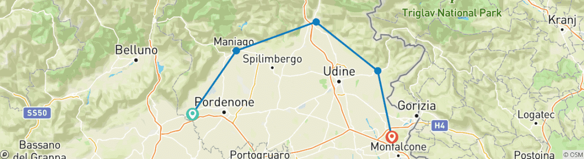 Image of a map showing the route of the tour