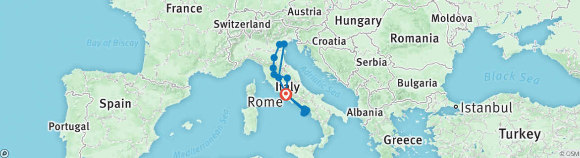 Image of a map showing the route of the tour