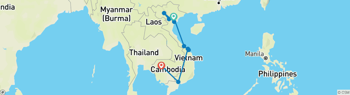 Image of a map showing the route of the tour