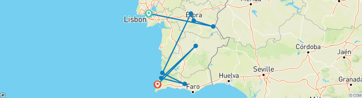 Image of a map showing the route of the tour