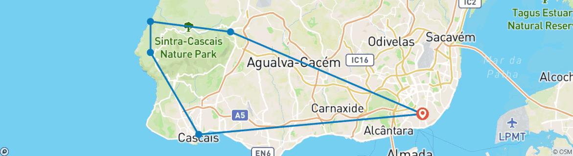 Image of a map showing the route of the tour