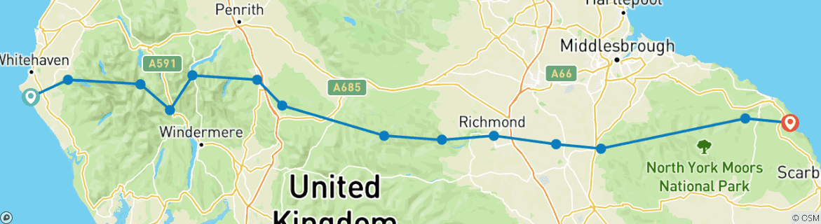 Image of a map showing the route of the tour