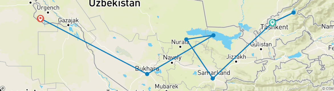 Image of a map showing the route of the tour