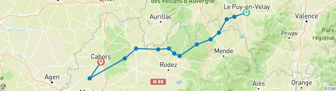 Image of a map showing the route of the tour