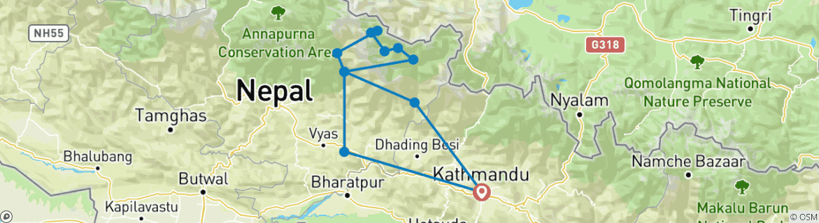 Image of a map showing the route of the tour