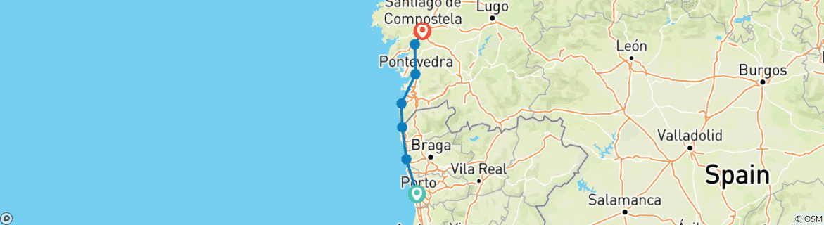 Image of a map showing the route of the tour