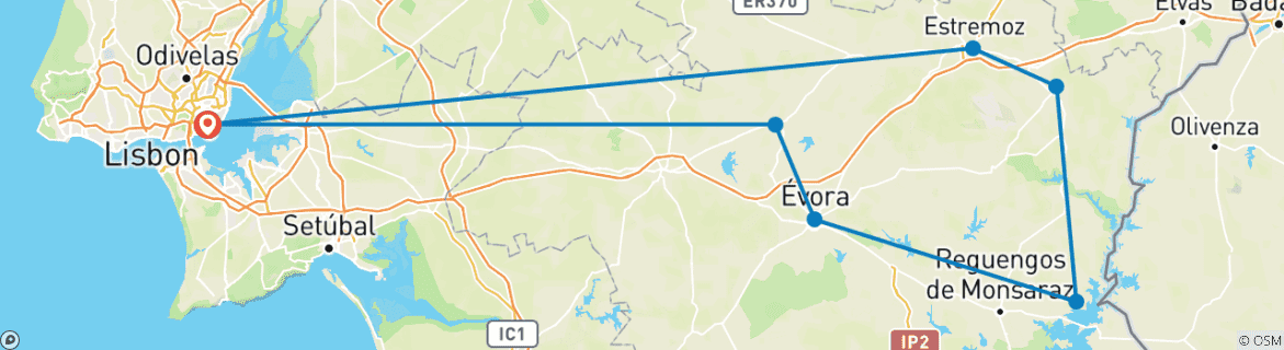Image of a map showing the route of the tour