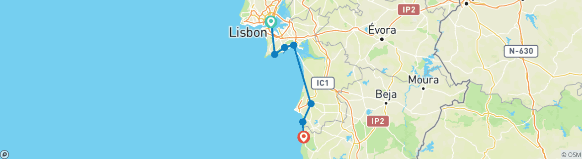 Image of a map showing the route of the tour