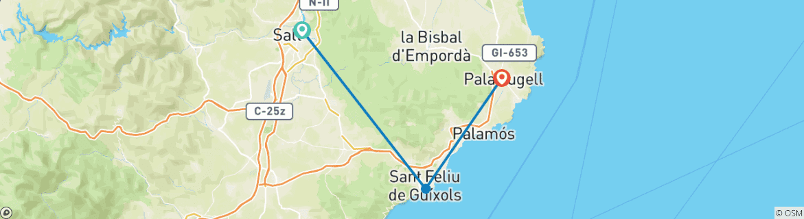 Image of a map showing the route of the tour