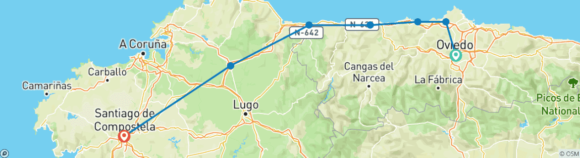 Image of a map showing the route of the tour