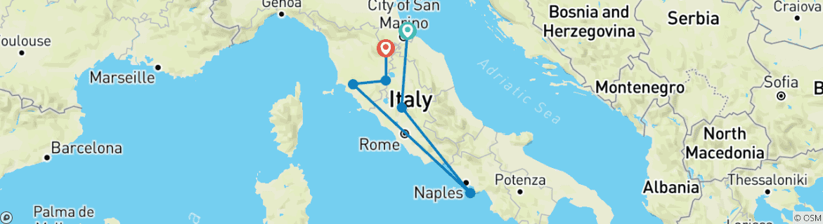 Image of a map showing the route of the tour
