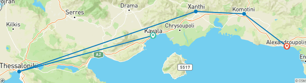 Image of a map showing the route of the tour