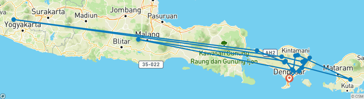 Image of a map showing the route of the tour