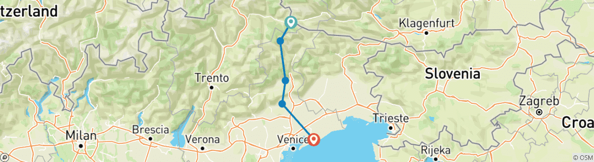 Image of a map showing the route of the tour