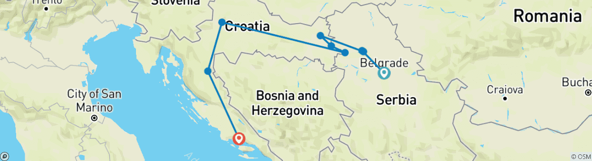 Image of a map showing the route of the tour