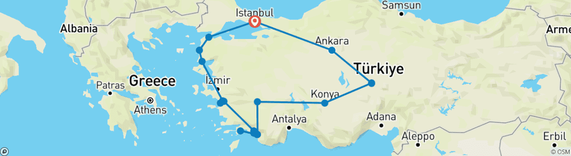 Image of a map showing the route of the tour