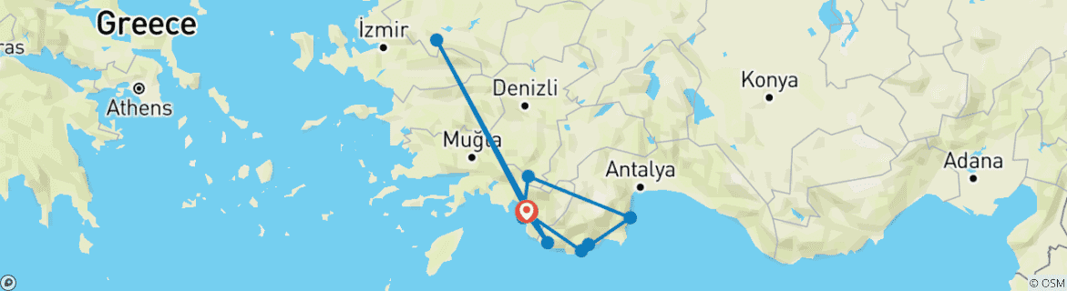Image of a map showing the route of the tour