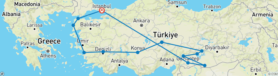 Image of a map showing the route of the tour