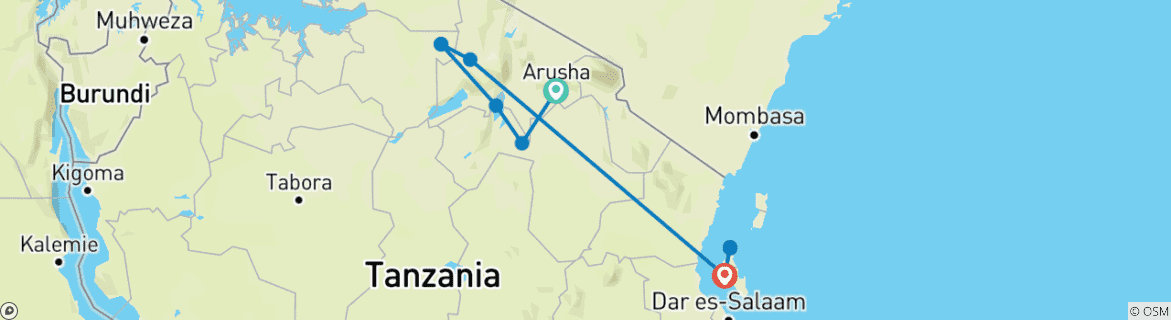 Image of a map showing the route of the tour