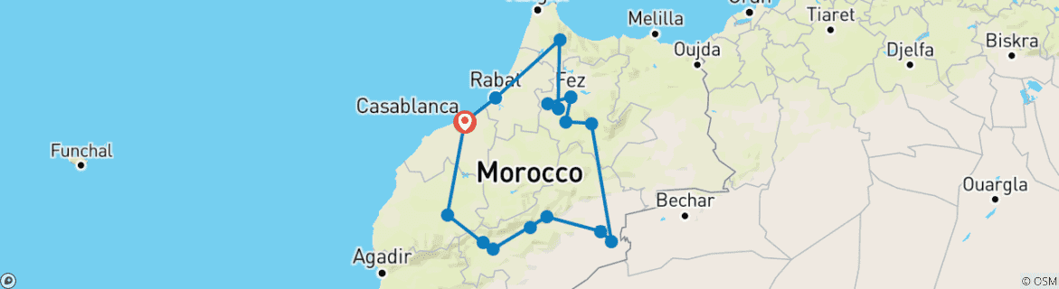 Carte du circuit Circuit de 10 jours au Maroc au départ de Casablanca