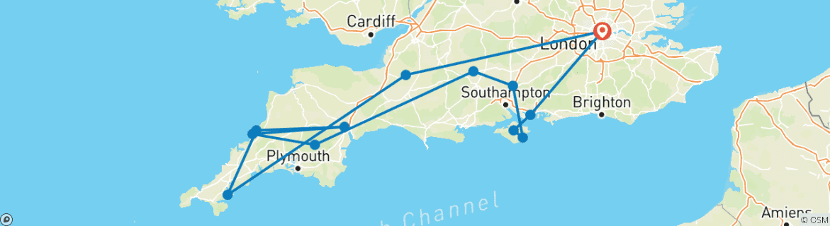 Image of a map showing the route of the tour