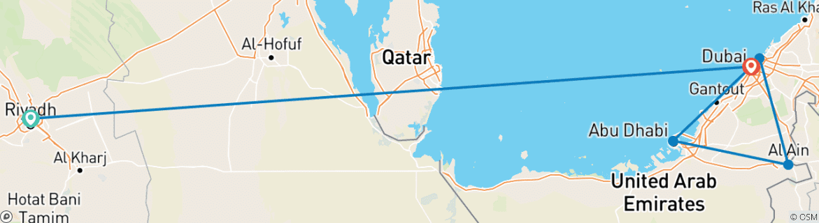 Image of a map showing the route of the tour