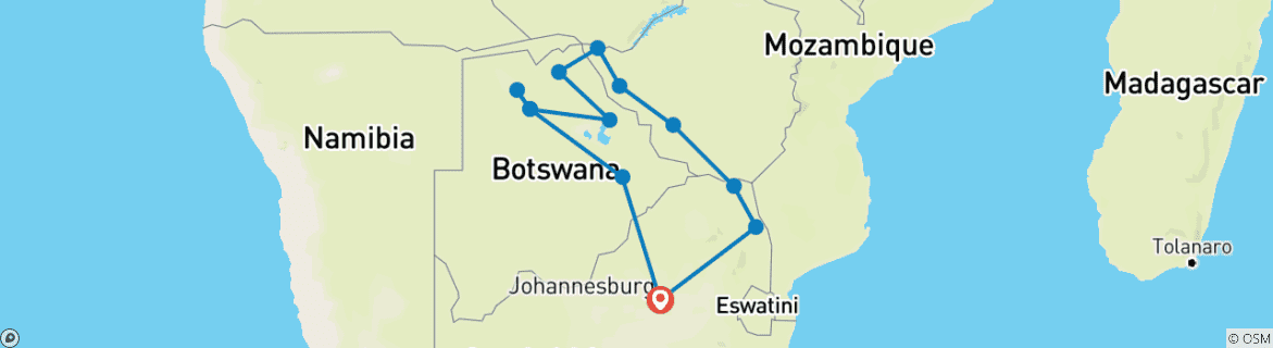 Image of a map showing the route of the tour