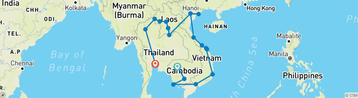 Image of a map showing the route of the tour