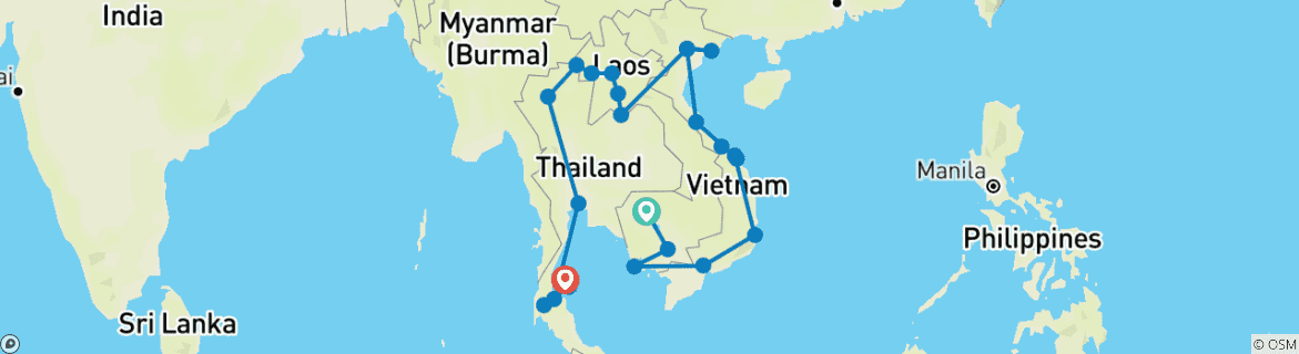 Image of a map showing the route of the tour