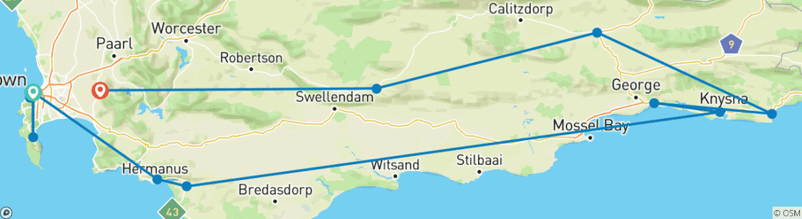 Image of a map showing the route of the tour