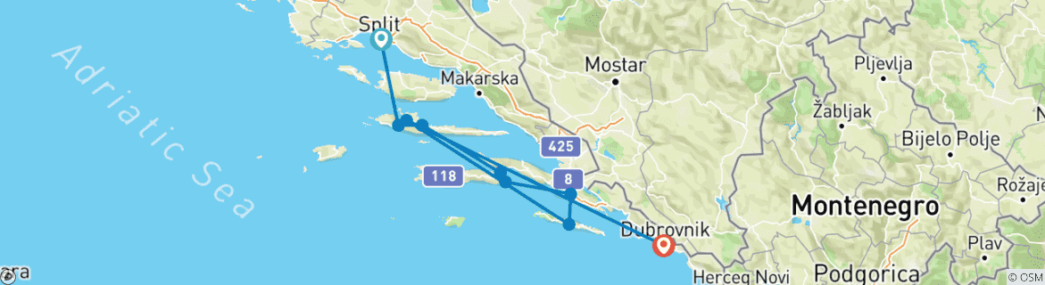 Image of a map showing the route of the tour