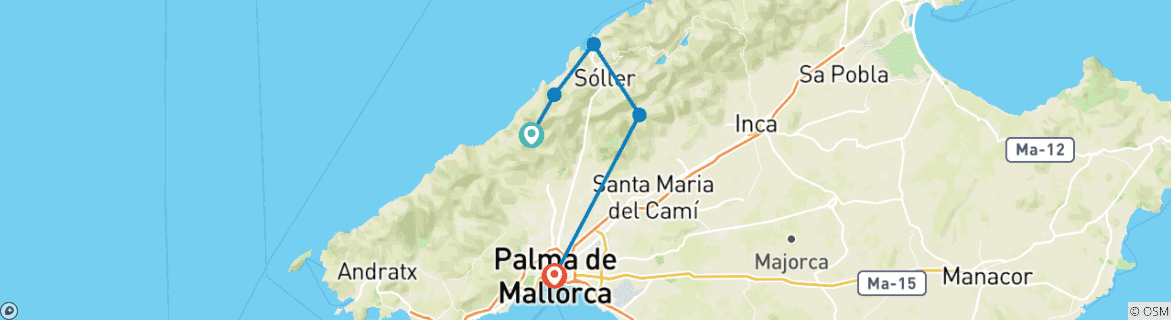 Image of a map showing the route of the tour