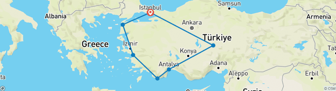 Image of a map showing the route of the tour