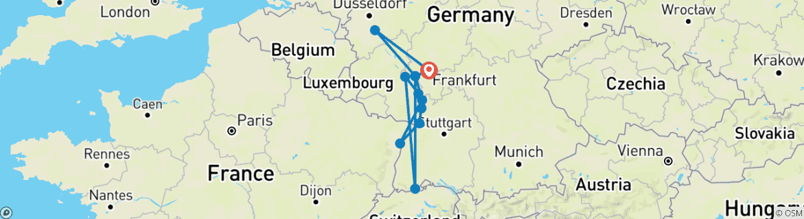 Image of a map showing the route of the tour