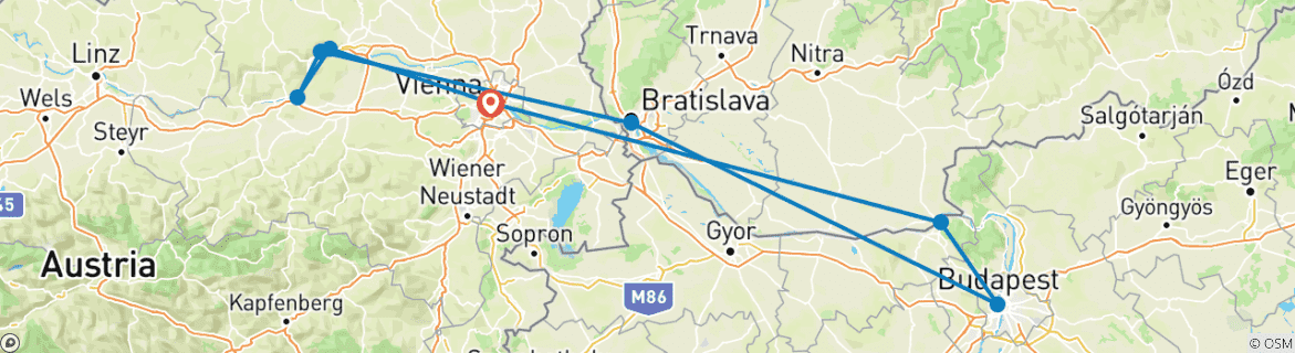 Image of a map showing the route of the tour
