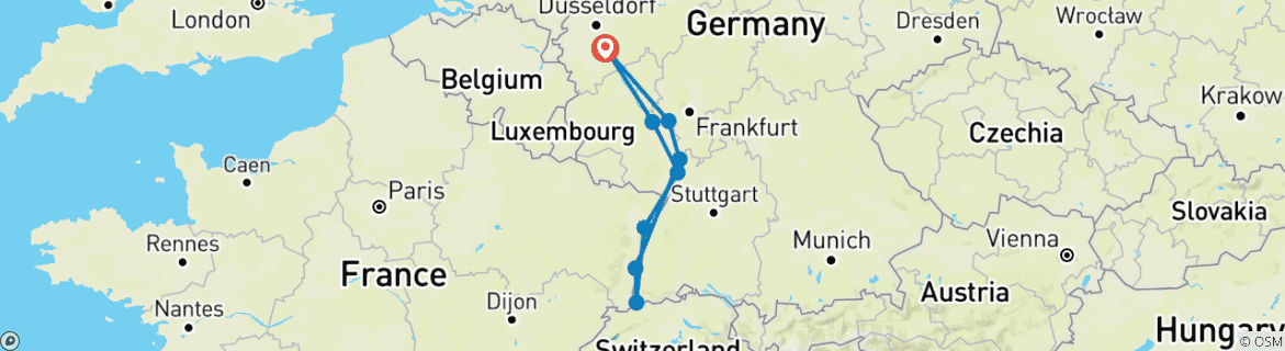 Image of a map showing the route of the tour