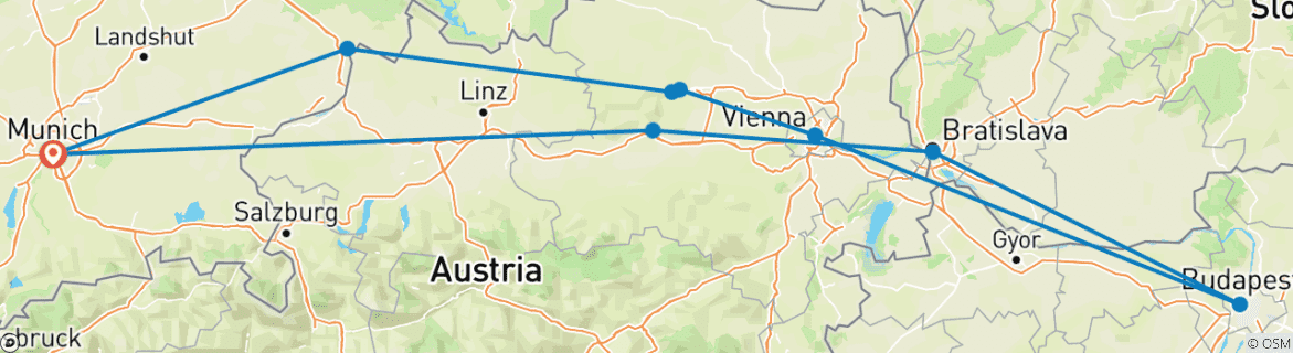 Image of a map showing the route of the tour
