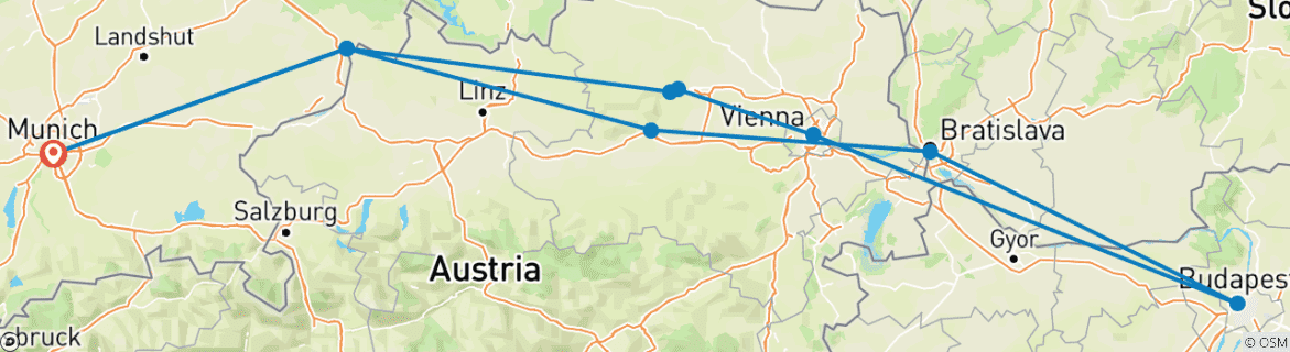 Image of a map showing the route of the tour
