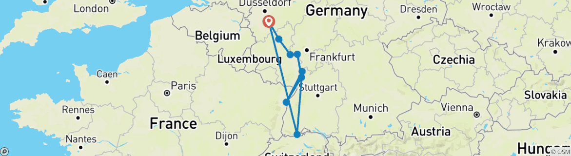 Image of a map showing the route of the tour