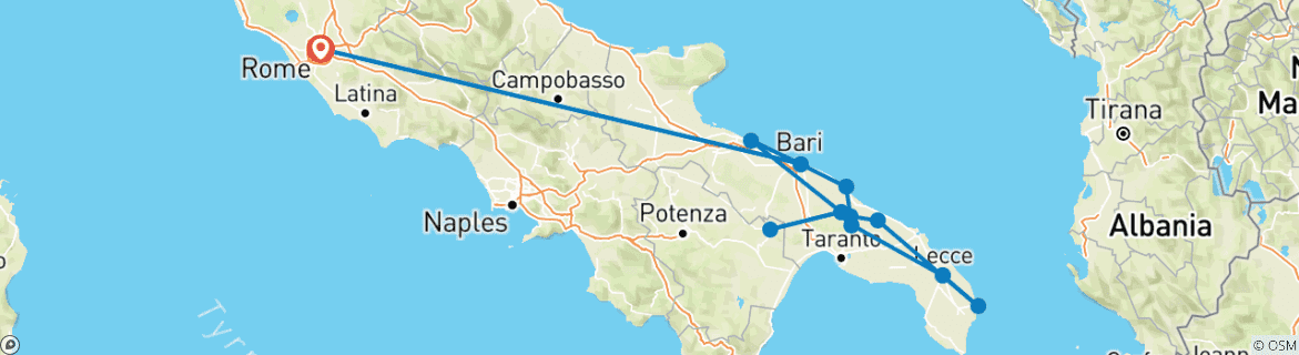 Image of a map showing the route of the tour