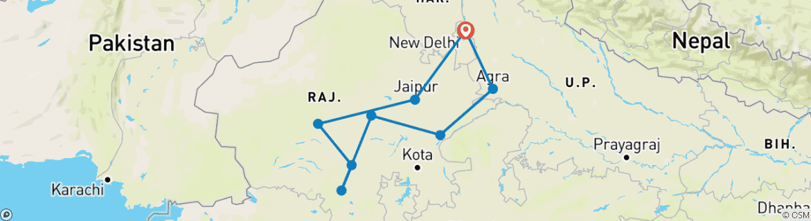 Image of a map showing the route of the tour