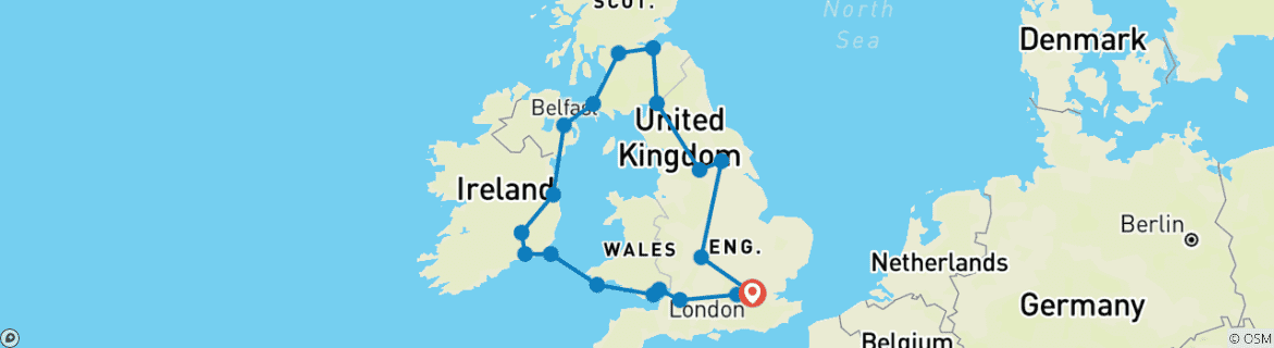 Image of a map showing the route of the tour