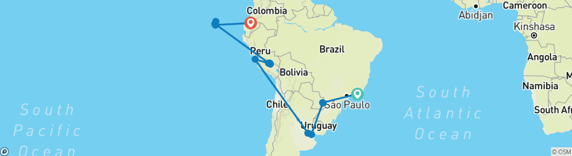 Image of a map showing the route of the tour
