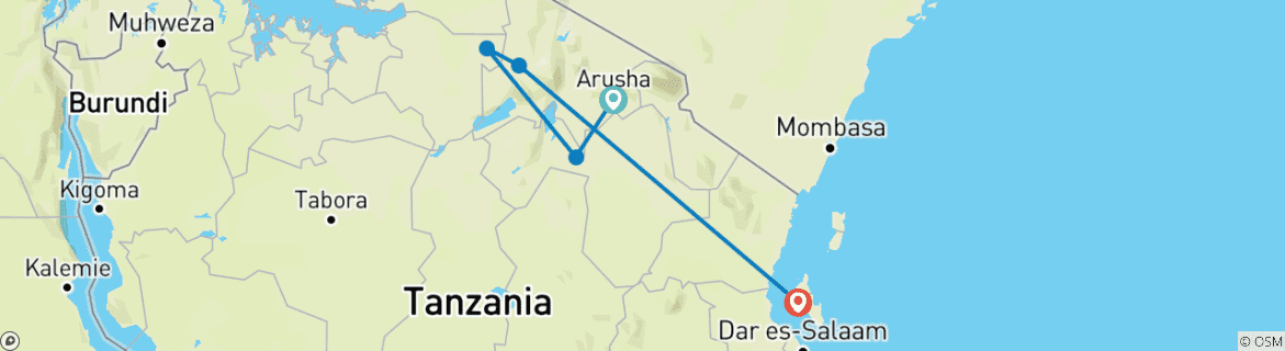 Image of a map showing the route of the tour