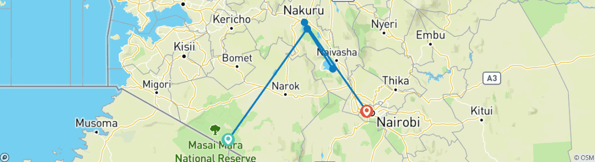 Image of a map showing the route of the tour